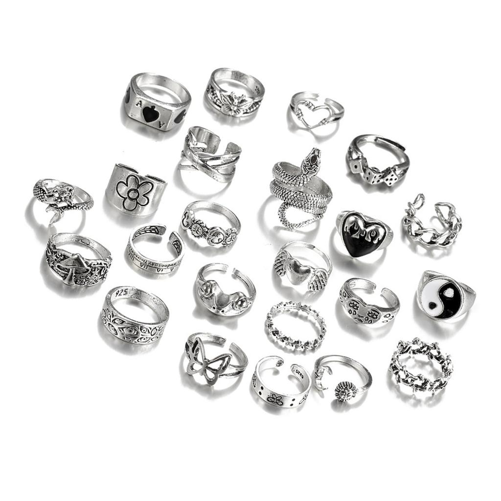 Pack of 24 Stylish Silver Gothic Rings for Men and Women Y2K Style Featuring Skull Cross Heart and Butterfly Elements