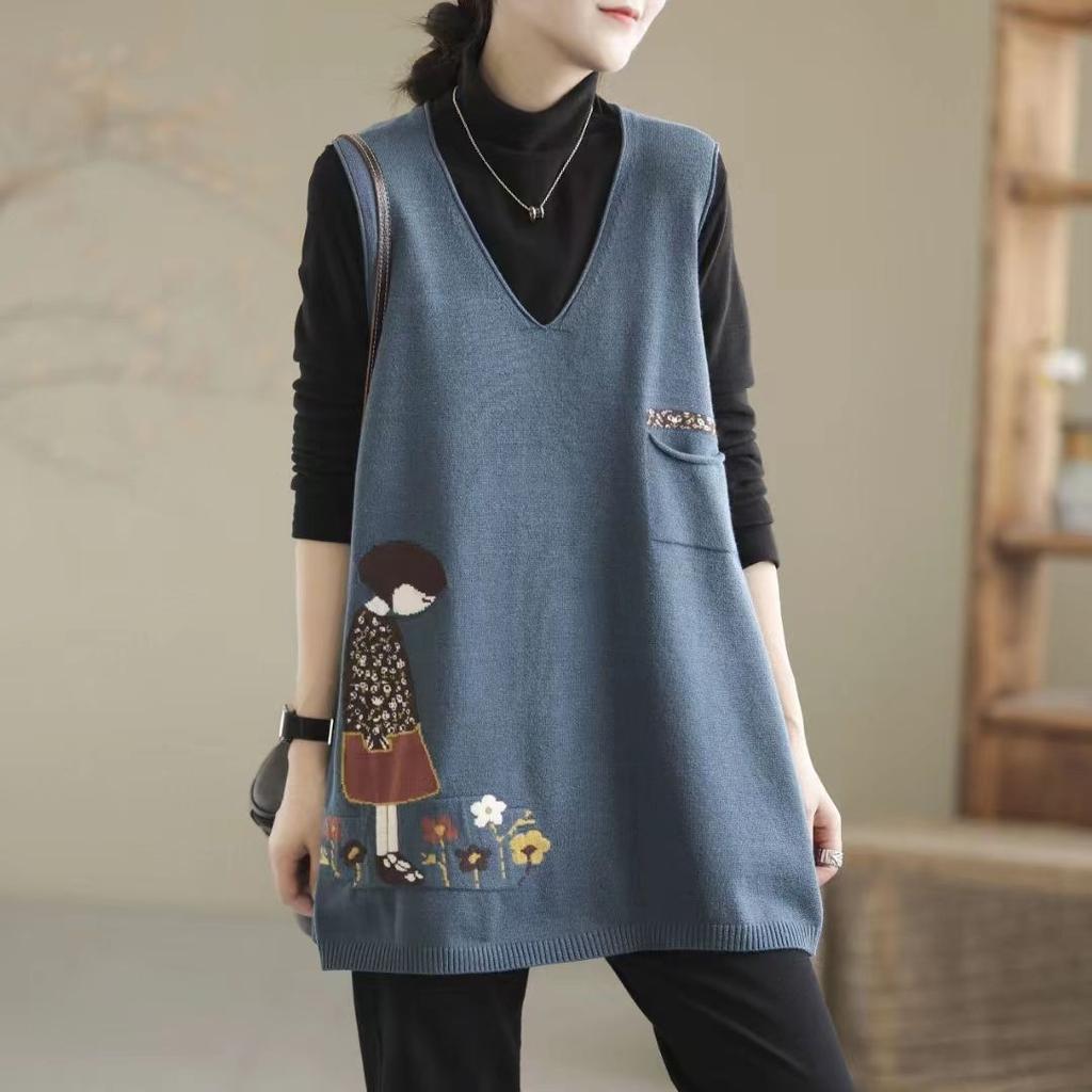 Retro Literature and Art Spring Autumn Winter Women's Pullover V-neck Patchwork Pockets Sweate Fashion Casual Elegant Sleeveless Vest Tops