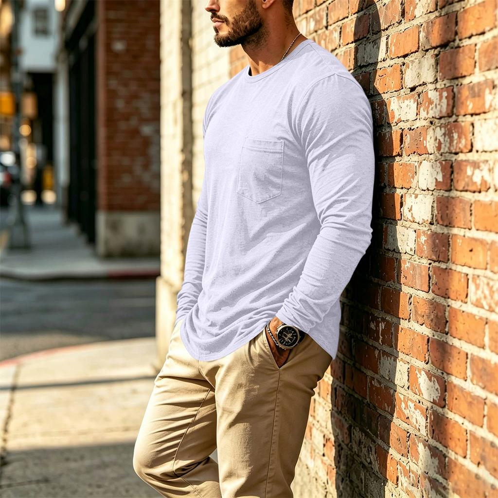 Men's Casual Long Sleeve Round Neck T-Shirt with Pocket for Everyday Wear