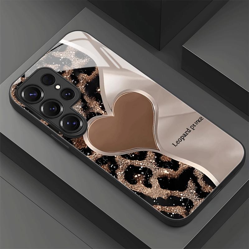 Leopard patterned heart-shaped design glass phone case suitable for Samsung GalaxyS26 S25 S24 S22 S21 S20FE/Ultra/Plus anti drop