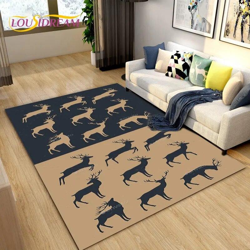 3D Cartoon Nordic Elk Reindeer Area Rug,Carpet Rug for Living Room Bedroom Sofa Doormat Decoration,Child Play Non-slip Floor Mat