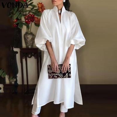 Dámské Maxi šaty Plus Size Stojáček Výstřih do V Dlouhý rukáv Košilové šaty Elegantní Jednobarevné A-linie šaty