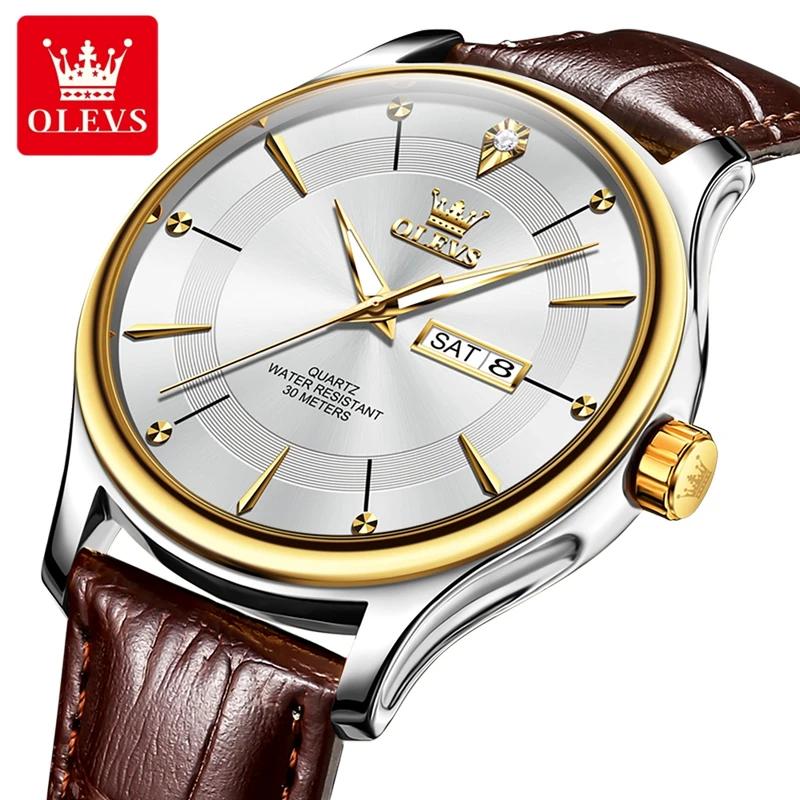OLEVS Brand Fashion Quartz Watch Men Leather Strap Waterproof Luminous Week Date Business Mens Watches