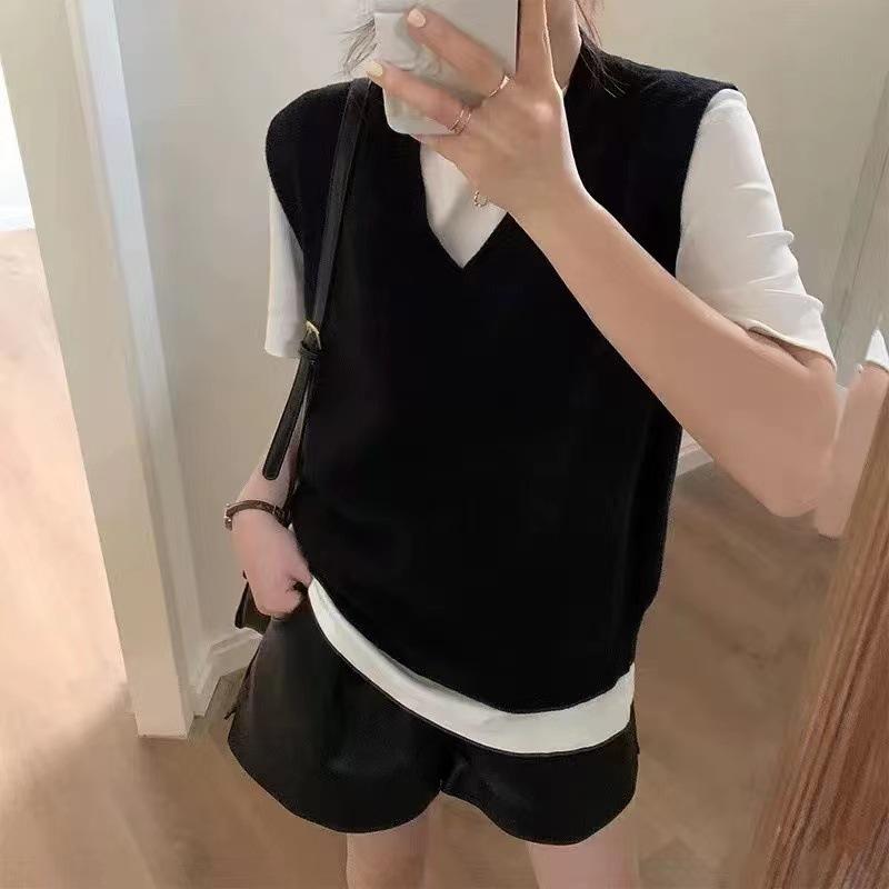 Vintage V-neck knit vest for women, new cross-border loose simple, solid sleeveless knit vest casual outerwear