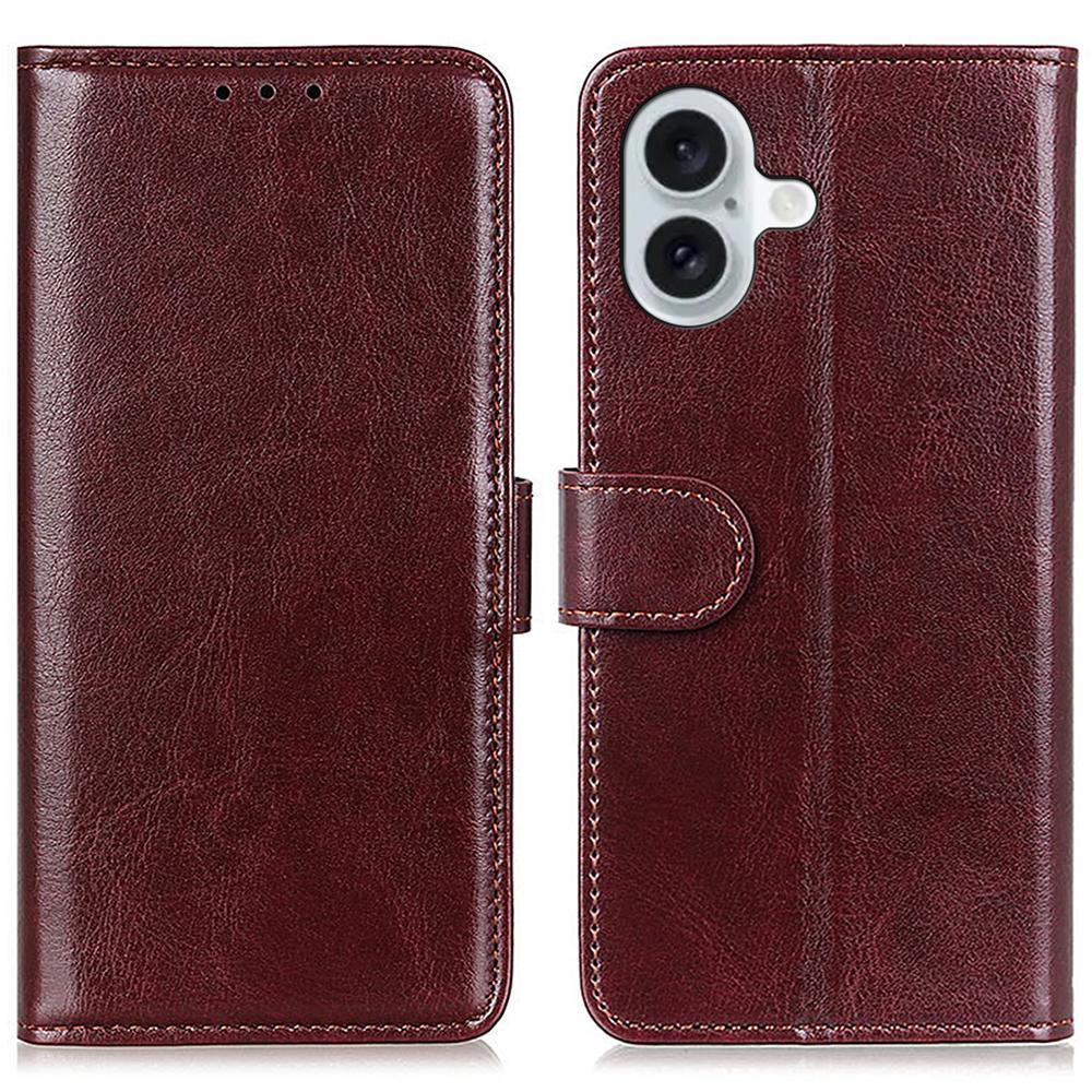 

For iPhone 16 Plus Case PU Leather Wallet Phone Cover Crazy Horse Texture Brown