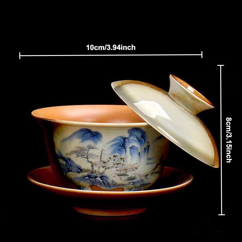 Hand Painted Lotus Gaiwan Ceramic Porcelain Tea Tureen Bowl Rotatable Lid Saucer Vintage Teacups Tea Ceremony Teaware Drinkware