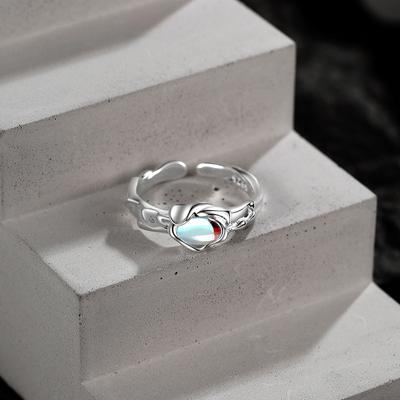 Special-Interest Design S925 Sterling Silver Ring Moonstone Inlaid Simple Ins Cold Style Open Adjustable Index Finger Ring