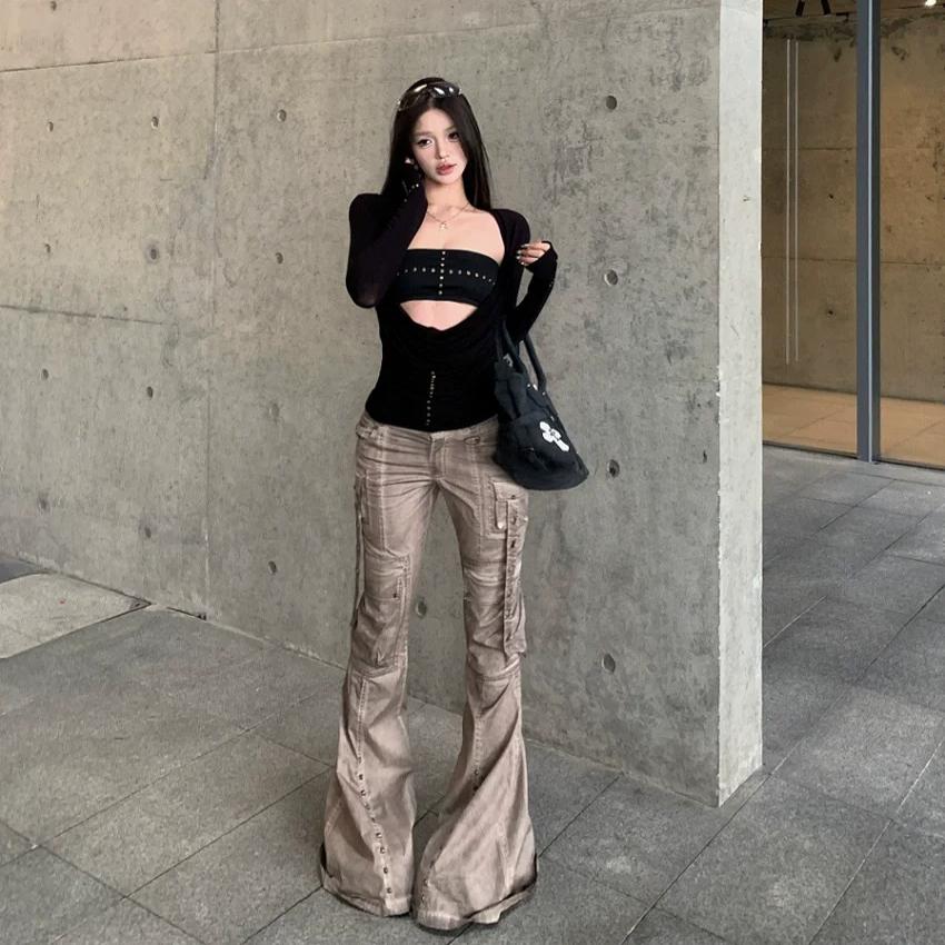 Y2k Punk Two Pieces Tops Irreugal Rivet Tops + Sleeveless Tank Streetwear Americal Retro 90s Black Tee Tops E-girls