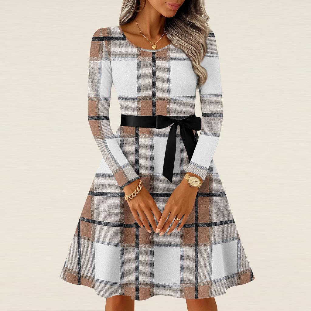 Damen Casual Mode Langarm Vintage Lange Kleider