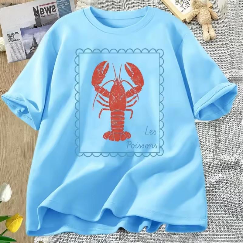 

Lobster T-Shirt French Coastal Tee Shirt Men Women Summer Cotton Short Sleeve T Shirt Oversized Round Neck Tshirt Oversized 4XL синій