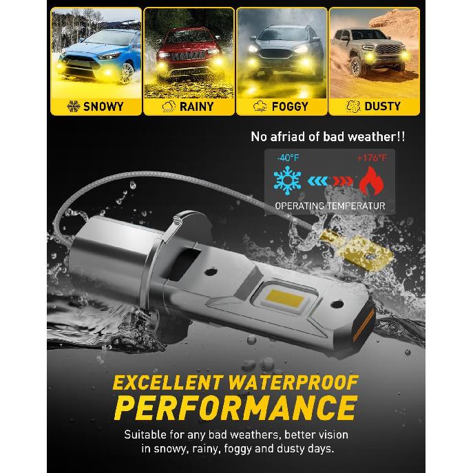 AUXITO H3 LED Bulb Yellow 3000K, 16,000LM 600% Super Brighter, 10 Years Lifespan, 1:1 Size Plug-n-Play, 100% Perfect Tallation, H3 LED Fog Lighr Bulb