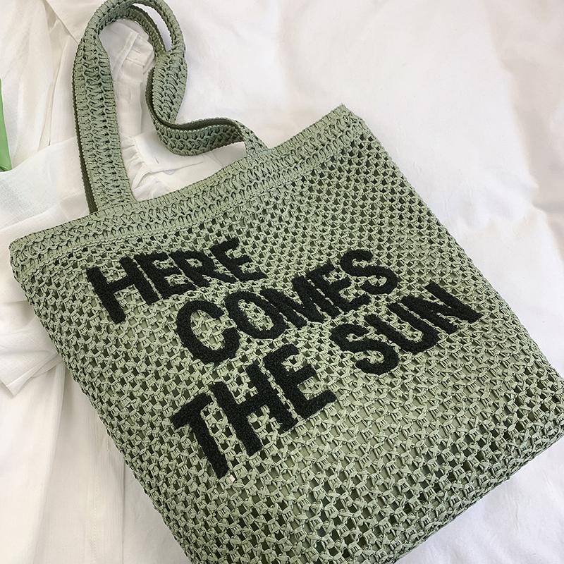 Mesh Tote Bag Women Summer Beach Handbag with Bold Lettering Casual Everyday Shopping Bag