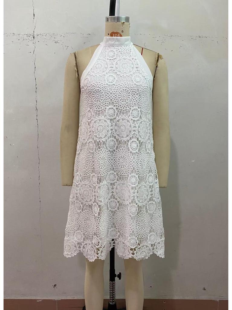 European & American Summer 2026 Sweet Holiday Halter Neck Jacquard Sleeveless White Dress