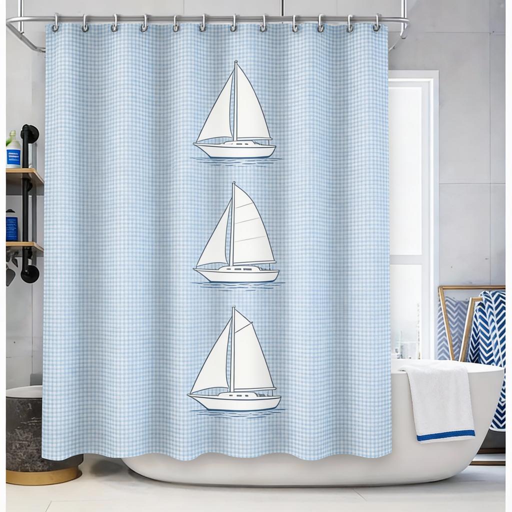 Eleganter blau-weiß gestreifter Badezimmervorhang Wasserdichter Stoff Modernes minimalistisches Design Geeignet für Nass- und Trockenbereiche