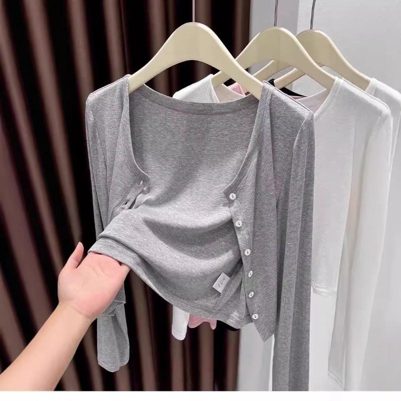 Lazy Wind Short Knitted Cardigan Women's Gray Long-sleeved Top Spring New Simple Casual Coat