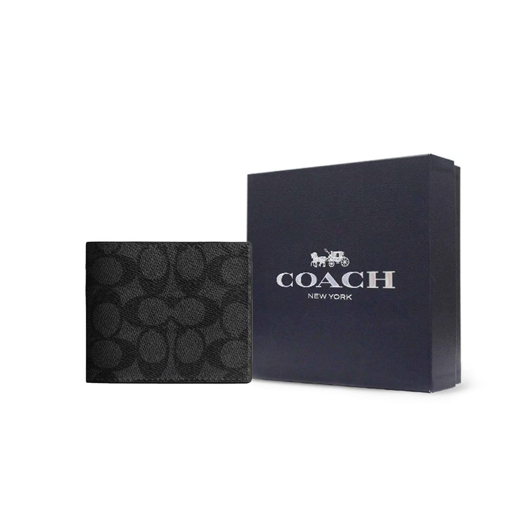 Coach Billfold Wallet 10 Brand Embossed Print Coated Canvas Wallet Small Men Wallets Black CY394-QBMI5