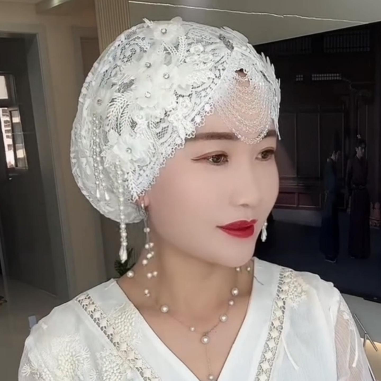 

Elegant Hand-Beaded Tassel Beanie with Lace Flowers