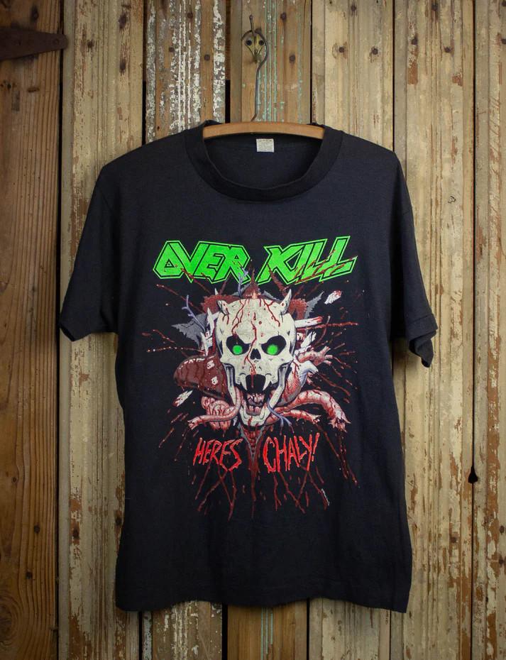 

Vintage Over Kill Here039s Chaly Concert T Shirt 1988 Black Unisex T-Shirt XL