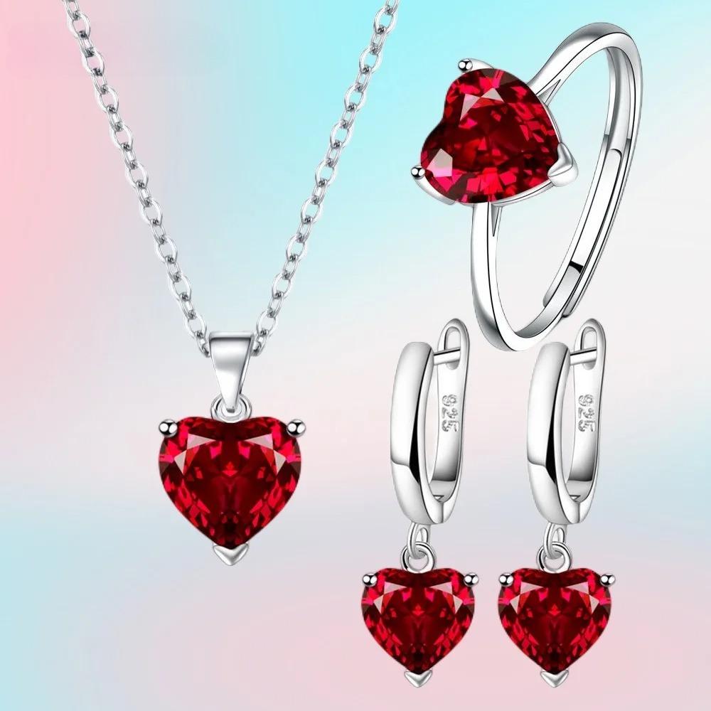 Fine   Copper Jewelry Gift Sets for Women Female Romantic Heart Zircon Huggie Earrings Pendant Necklace Ring
