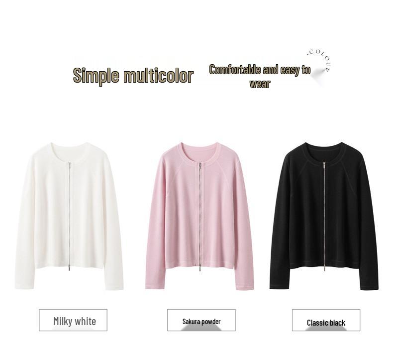 Yangzi Yarn Pure Wool Slim Fit Zipper Round Neck Women's Cardigan - Summer Thin Style