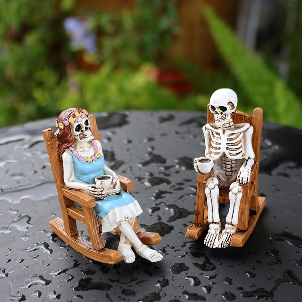 2pcs lounge chairs for coffee, skeleton couple, Halloween home decoration ornaments, Gothic outdoor garden decoration bonsai sta