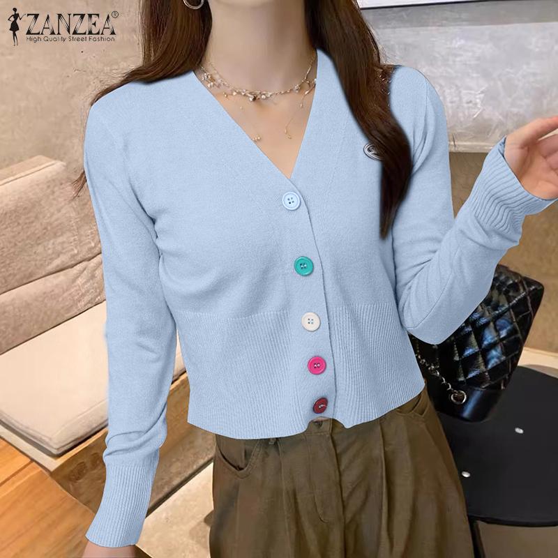 ZANZEA Spring Women V Neck Long Sleeve Buttons Cropped Casual Sweaters Cardigans