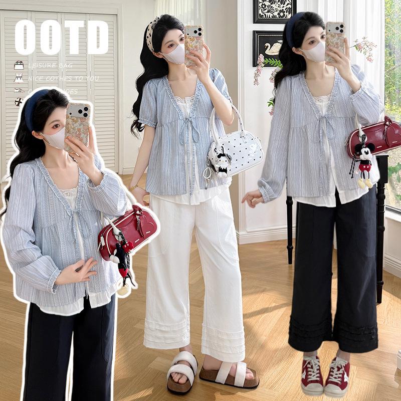 2026 Summer Chic Maternity Two-Piece Set: Patchwork Top & Adjustable Pants M