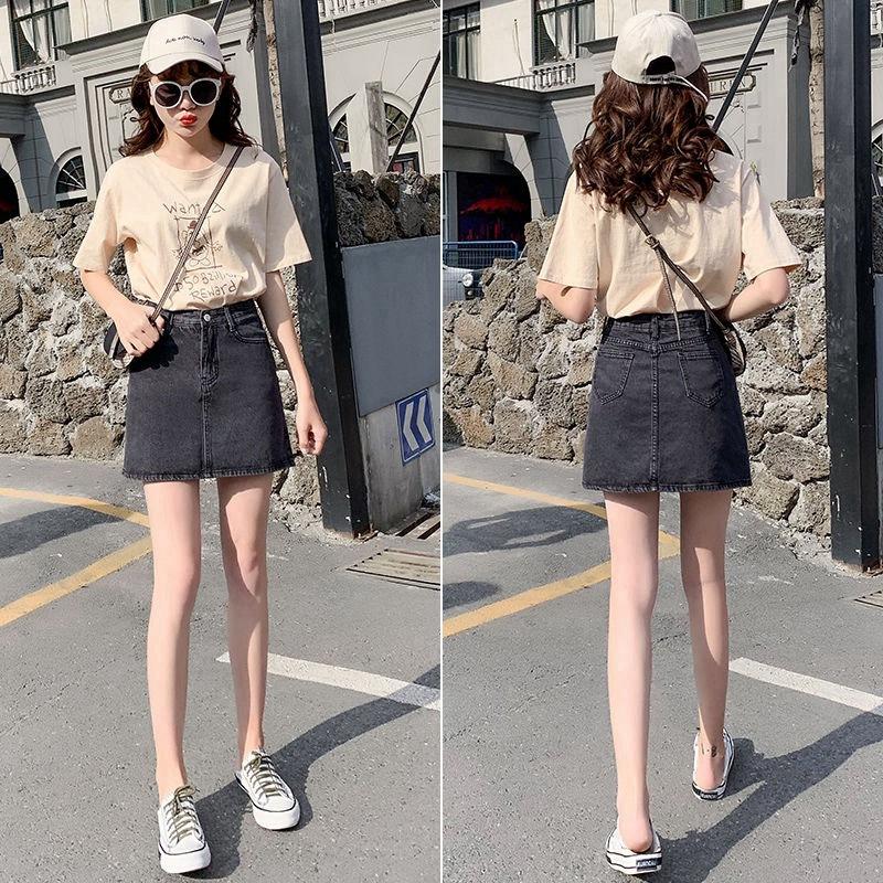 Klassisk Mångsidig Bärbar Hållbar Högmidjad Bystierkjol Tunn Mångsidig Enfärgad Paket Höft A-linje Dammode Sommar Cowboy Kortkjol