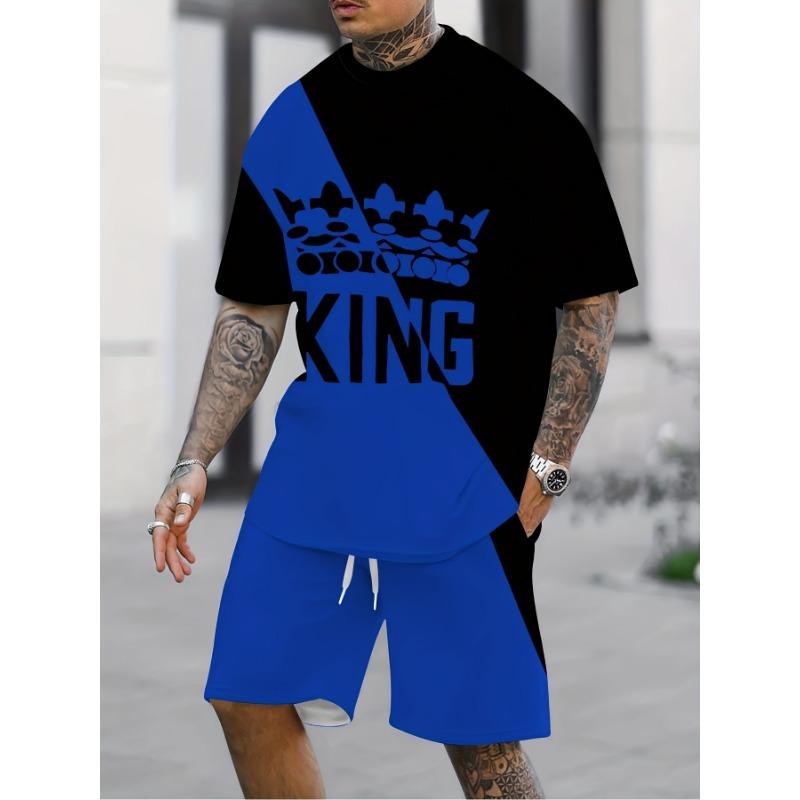 New Summer Men's Set Men's Street King T-Shirt Two-Piece Set Casual Wear Loose-Fit Crew Neck Beach Sports Set