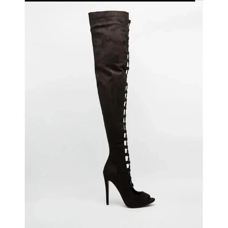 Women Boot Over The Knee Bohemian Strap Sandals Stiletto Sexy Fish Mouth Cross Strap Hollow Out High Quality Women Shoes