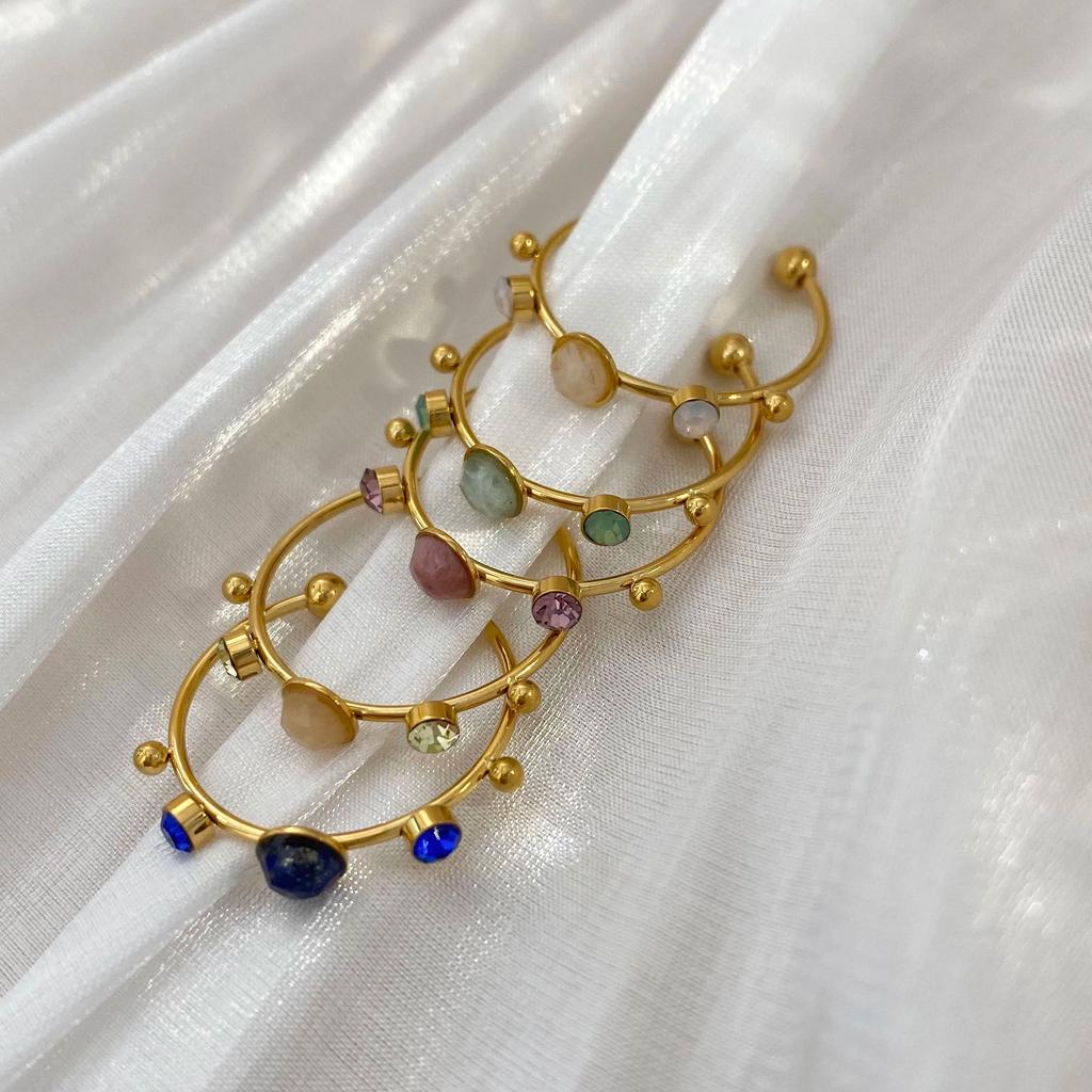 CARLIDANA French Style Light Luxury Gold Plated Stainless Steel Pendant Ring Colorful Natural Stone Open Finger Ring Women