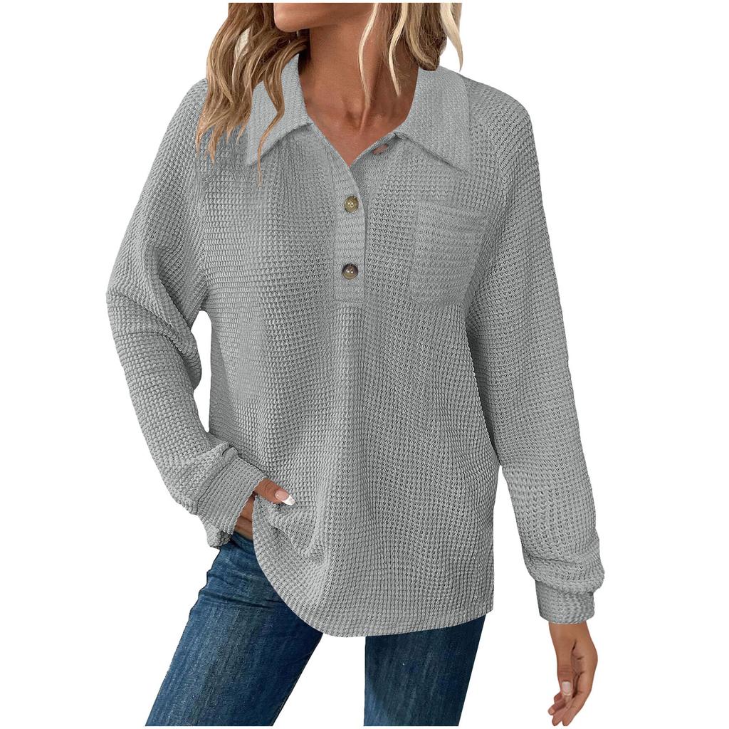 Women's Fashion Long-Sleeve Solid-Color Collared T-Shirt With Button-Up Front And Pocketed Casual Sweatshirt Top