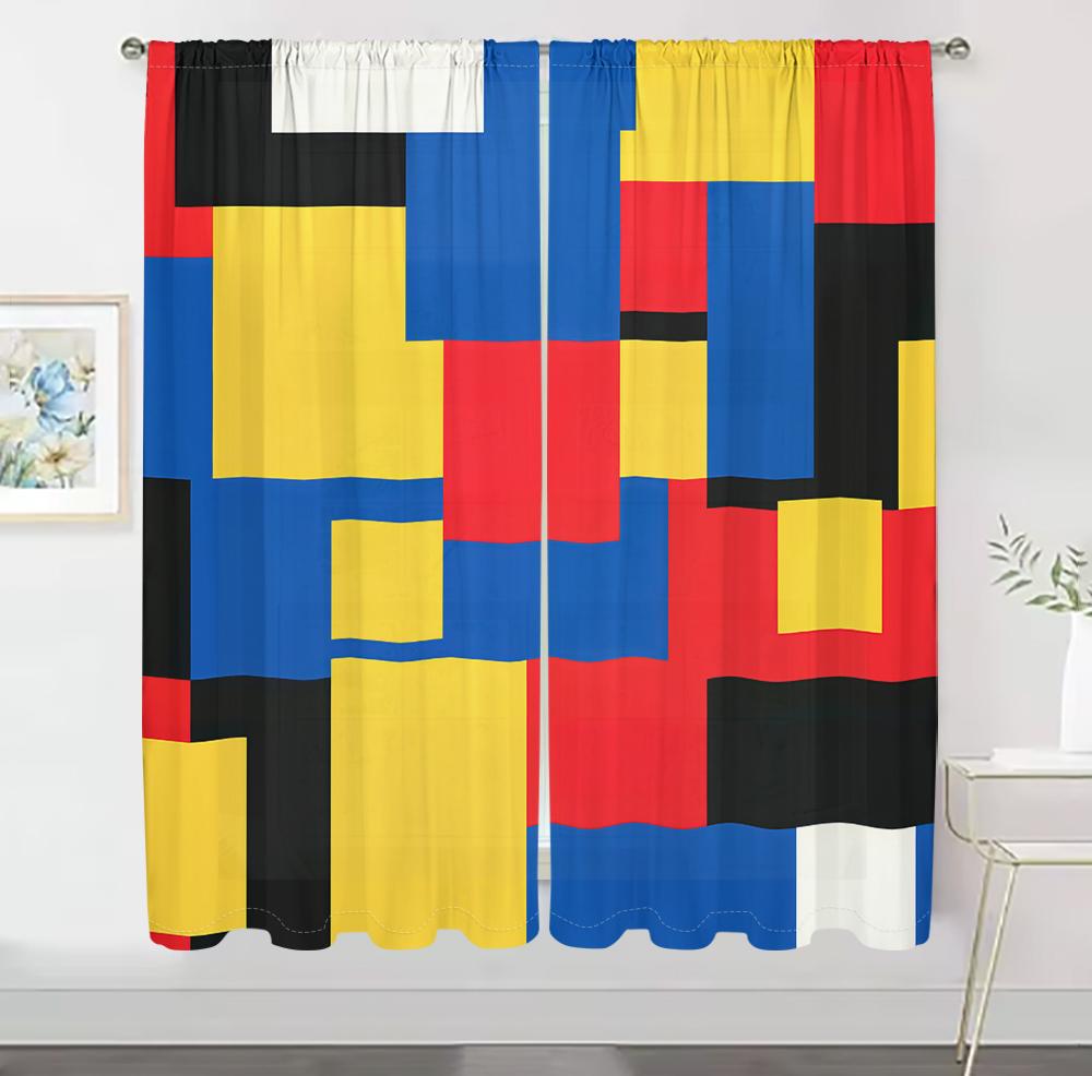 2Pcs Mondrian Style Curtains 3D Colorful Square Pattern Living Room Study Sunshade Modern Art Decor Curtains