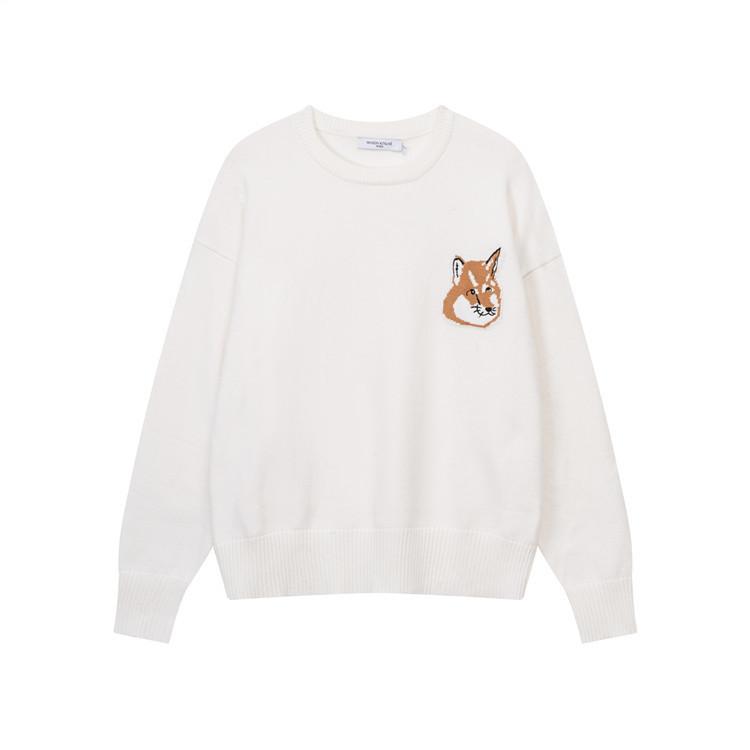 Unisex Crew Neck Long Sleeve Loose Fit Korean Cotton Knit Sweater Fox Head Embroidery Pullover Cardigan Couple Knitwear