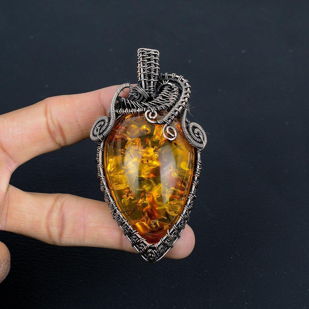 Baltic Amber Pendant, 999 Copper Wire Wrapped Gemstone Jewelry, Handmade Pendant For Mother Day