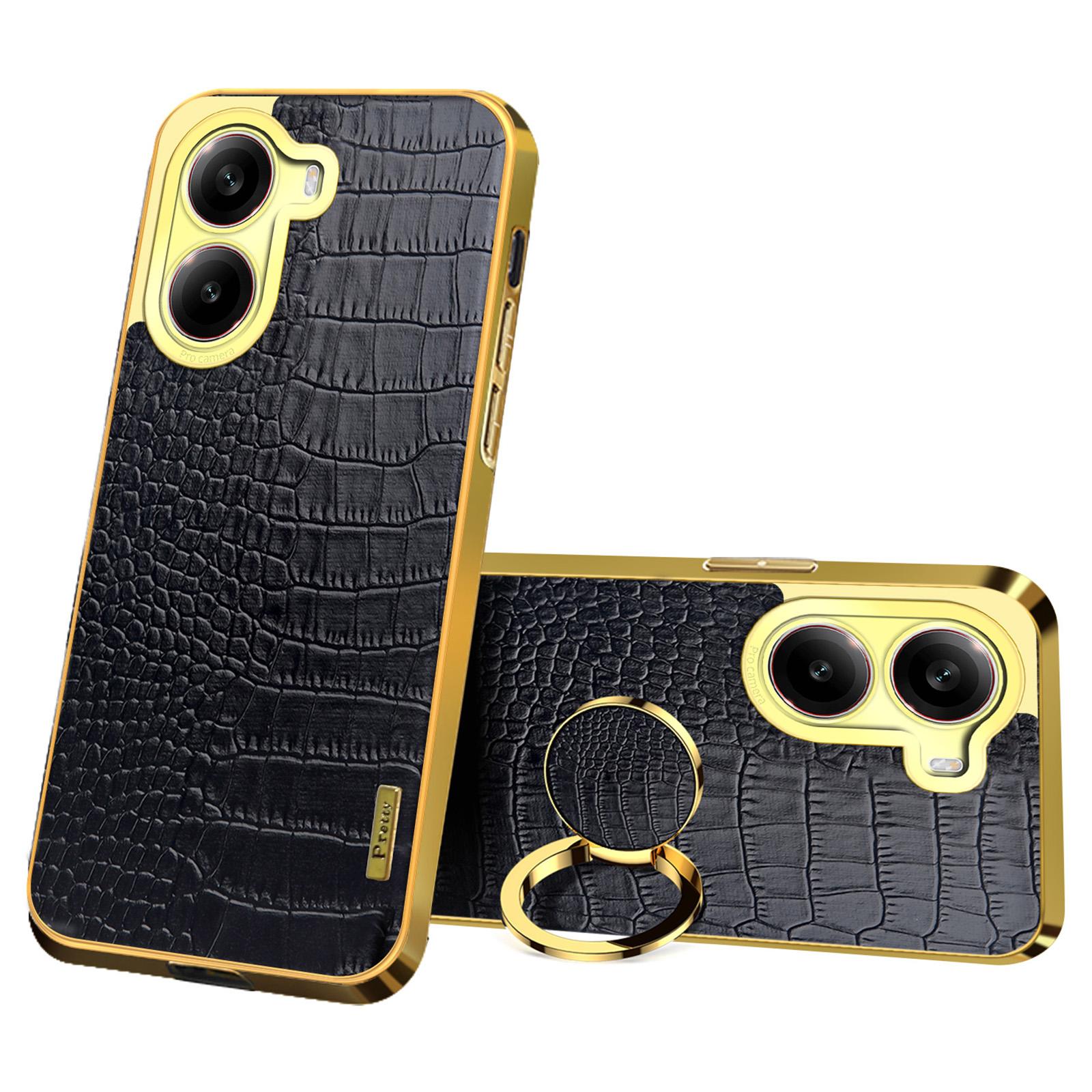 

For Xiaomi Redmi Turbo 4 5G Case TPU+PU Kickstand Phone Cover Crocodile Texture Electroplating Black