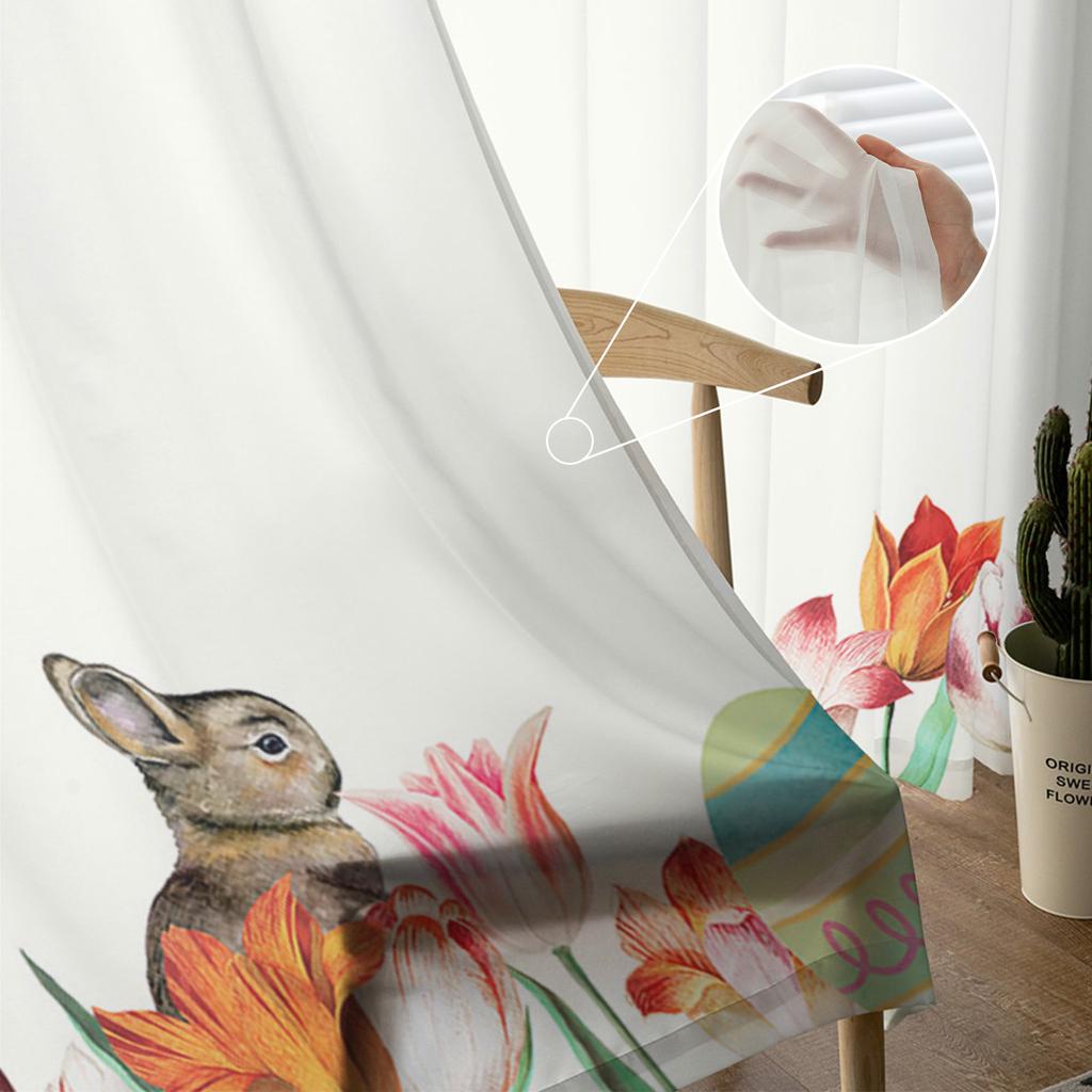 Easter Egg Tulip Flower Bunny Rabbit Tulle Curtains For Living Room Bedroom Voile Sheer Curtain Window Home Decor Drapes