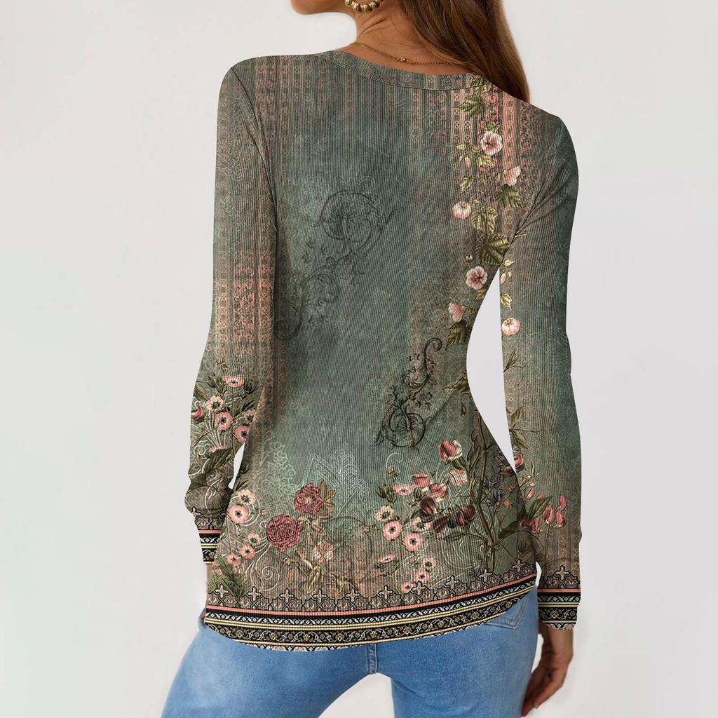 Women's Slim Bottom T-shirt Fashion Casual Gradient Printing Round Neck Pullover Long Sleeve Top
