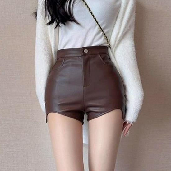 

Women s Brown Leather Hip-Hugging Slimming Bootcut Shorts, Autumn/Winter 2025 Korean Style, Irregular Skinny Fit XL 29