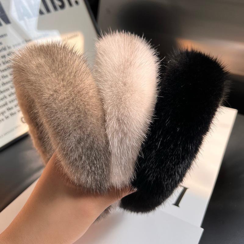Trendy Mink Fur Headband: Fluffy Korean-Style Wide-Brim Velvet Hairband for Autumn/Winter - Solid Color