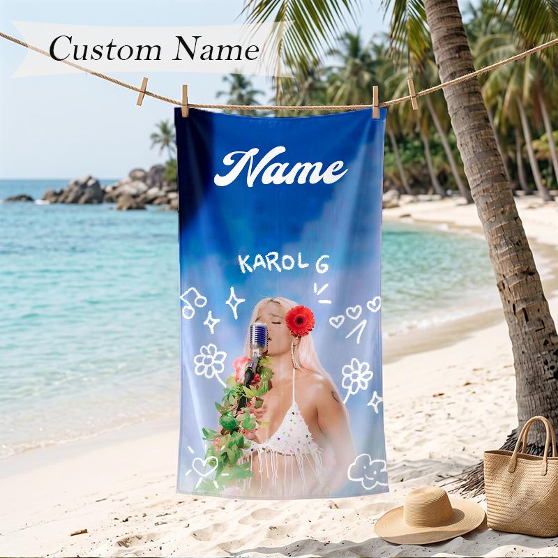 Karol G Custom Name Printed Beach Towel Personalized Soft Towel For Swimming Beach Travel