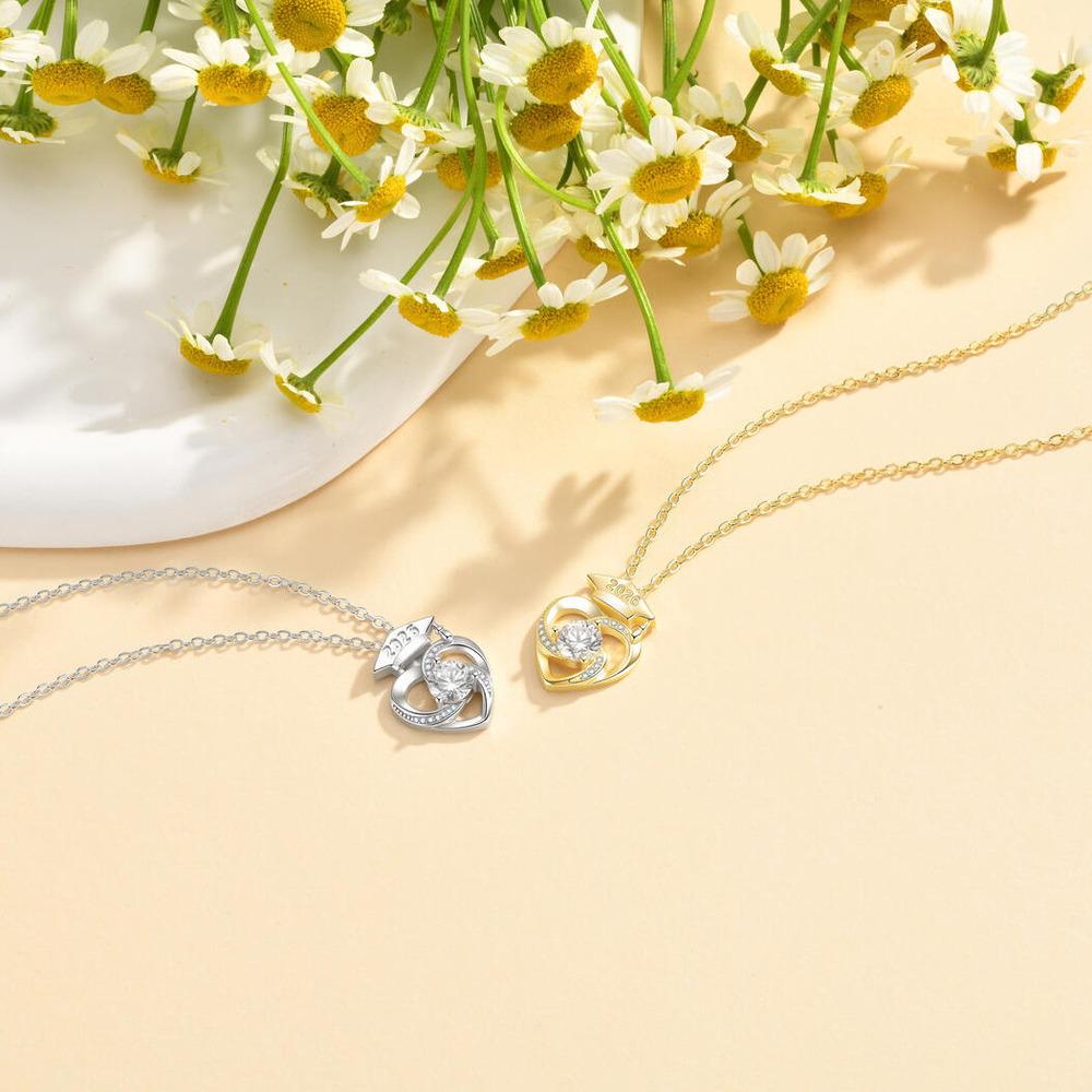 Vnox Gold Color Heart Pendant CZ Stones Necklaces, Class Of 2026 Graduation Cap Necklace High School College Graduation Gifts
