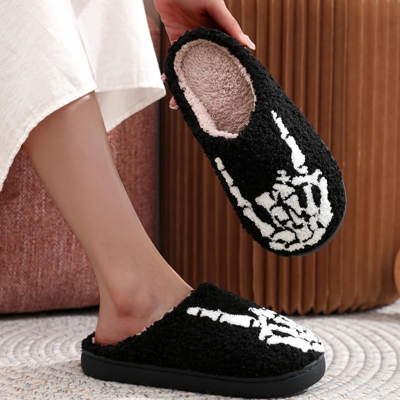 Halloween Gift - Skull Finger Bones Punk Style Plush Slip-On Slippers for Women & Men, Black & White Skeleton Design, Soft Fabric with Plush Lining