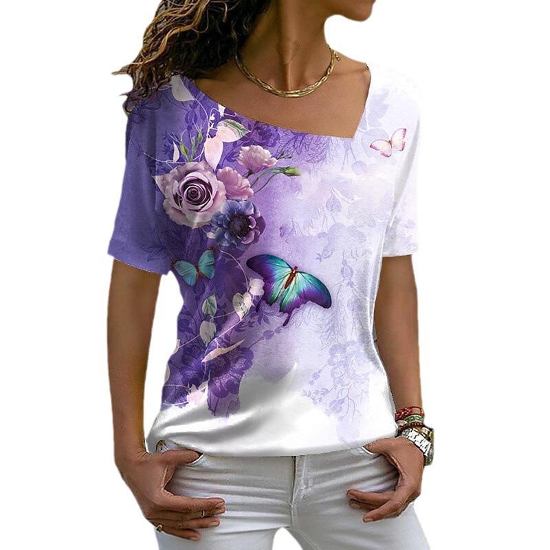 Fashion Women's Asymmetric V-neck T-shirt Spring and Summer Ladies 3D Short-sleeved Top