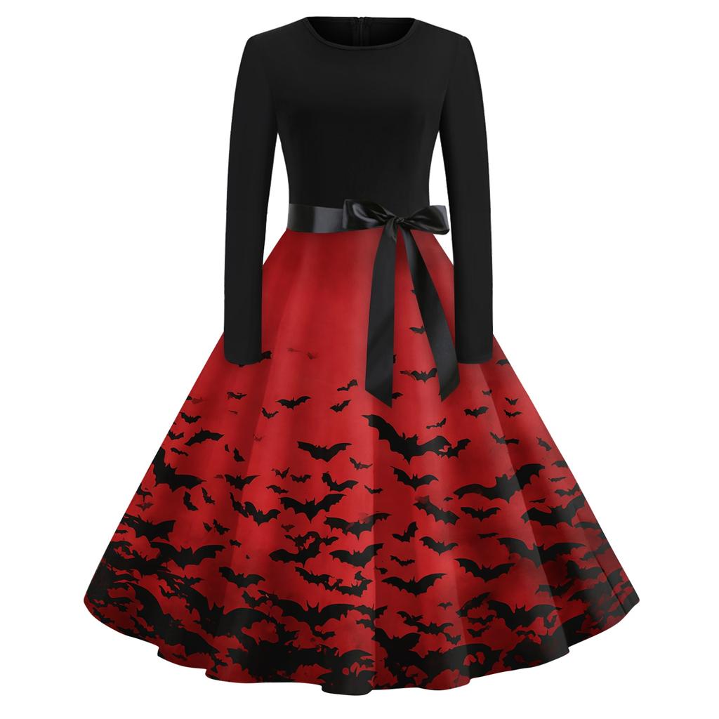 Womens Casual Halloween Print Vintage Style Dress Long Sleeve Round Neck A-Line Skirt Midi Length with Ribbon Waist Tie