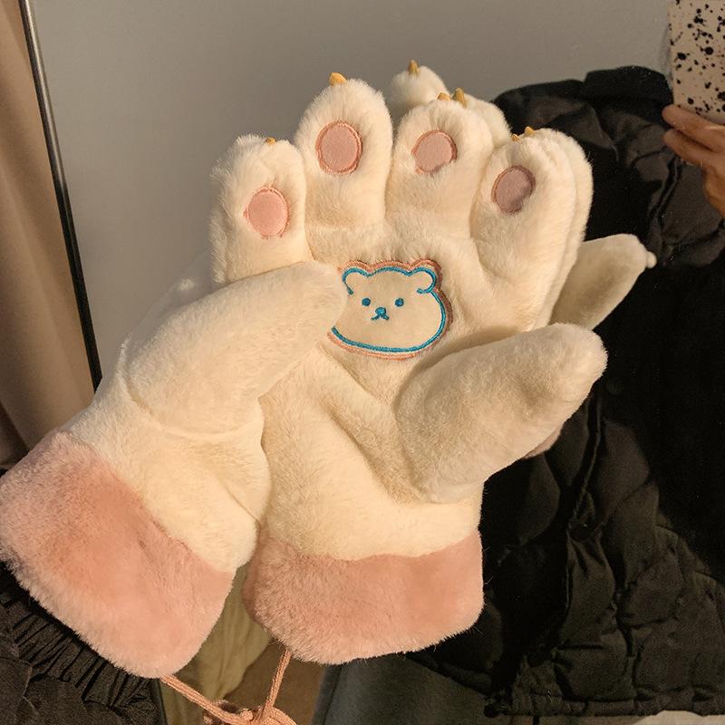 Student Padded Thickened Gloves Cold Winter Cycling Gloves Cartoon Cute Bear Paw Cat Claw Plush Gloves Women's Hanging Neck Large Size Gloves