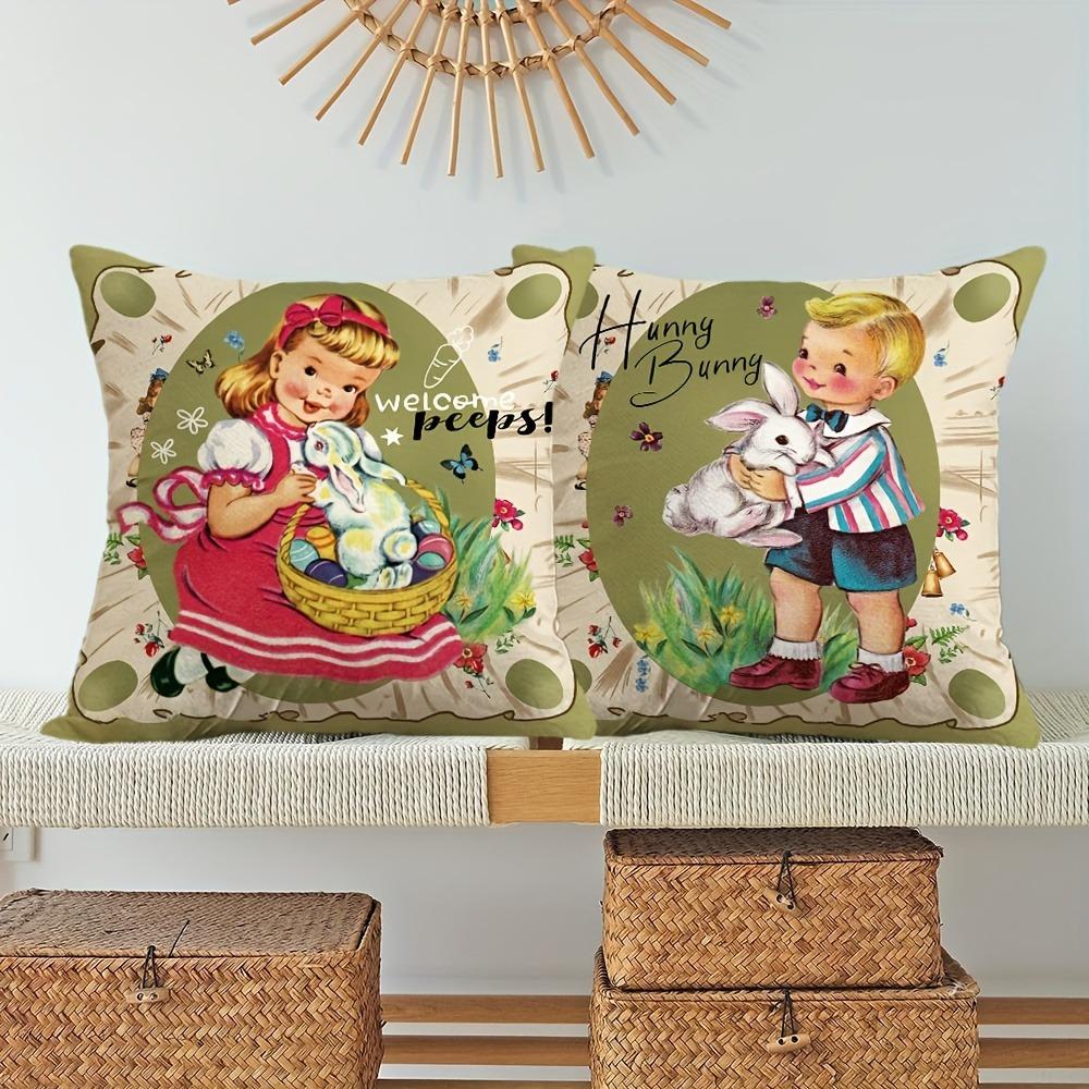 2 pieces vintage farmhouse Easter bunny throw pillowcase