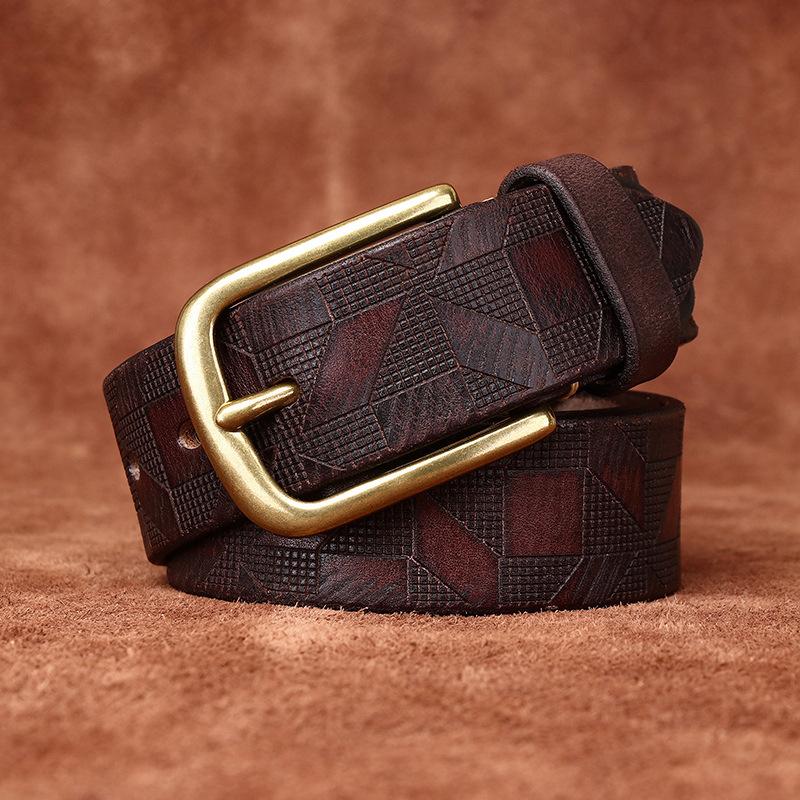 Belt Men's Diamond Laser Engraving Embossed First Layer Cowhide Leather Personality Trend Niche Casual Pin Buckle Belt