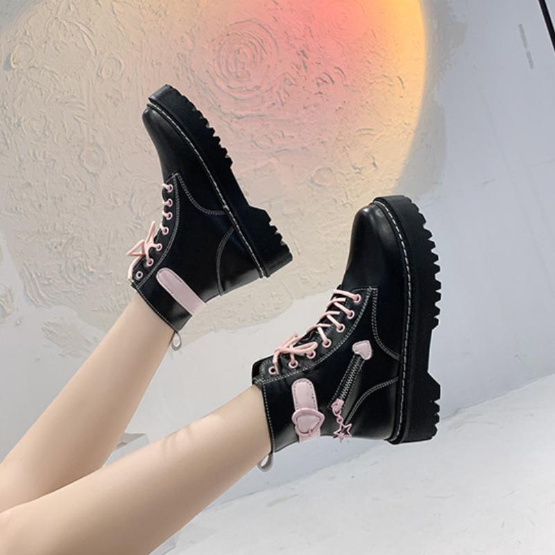 European and American Mid Length Boots  Autumn New Thick Soled Front Lace Up Stitching Design Sense Versatile Women's Boots