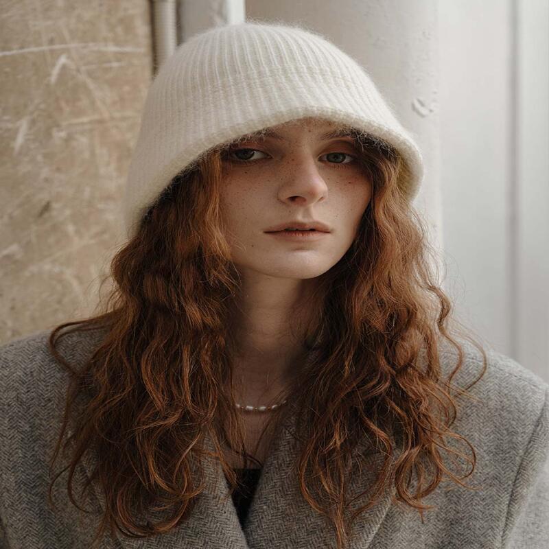 Raccoon Wool Pattern Brim Beanie Hat Ivory H043IV ivory
